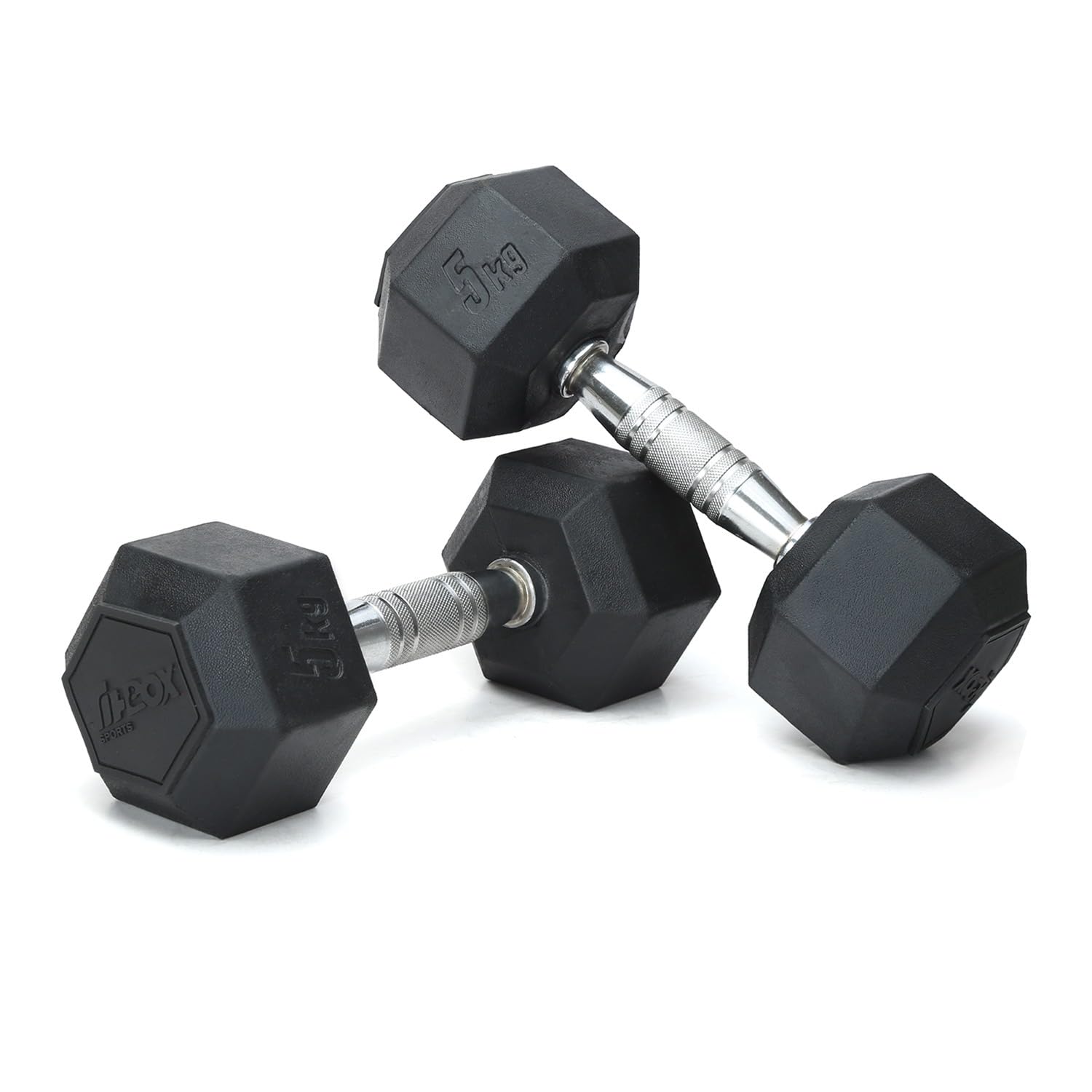 FitBox Sports Pro 10kg (5kg x 2) Hex Rubber Coated Dumbbells for Home Gym & Strength Training - Unisex