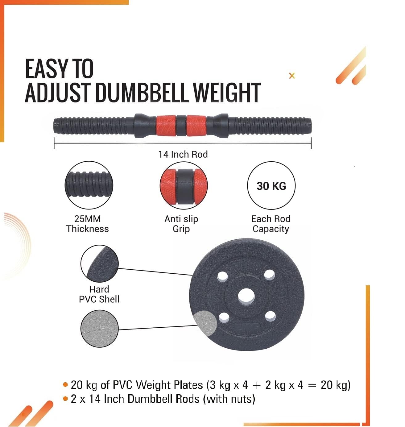 Intruder 20 Kg Adjustable PVC Dumbbells Weights With Dumbbells Rods For Home Gym & Strength Training, 10 Kg X 2 (Black) - Image 4