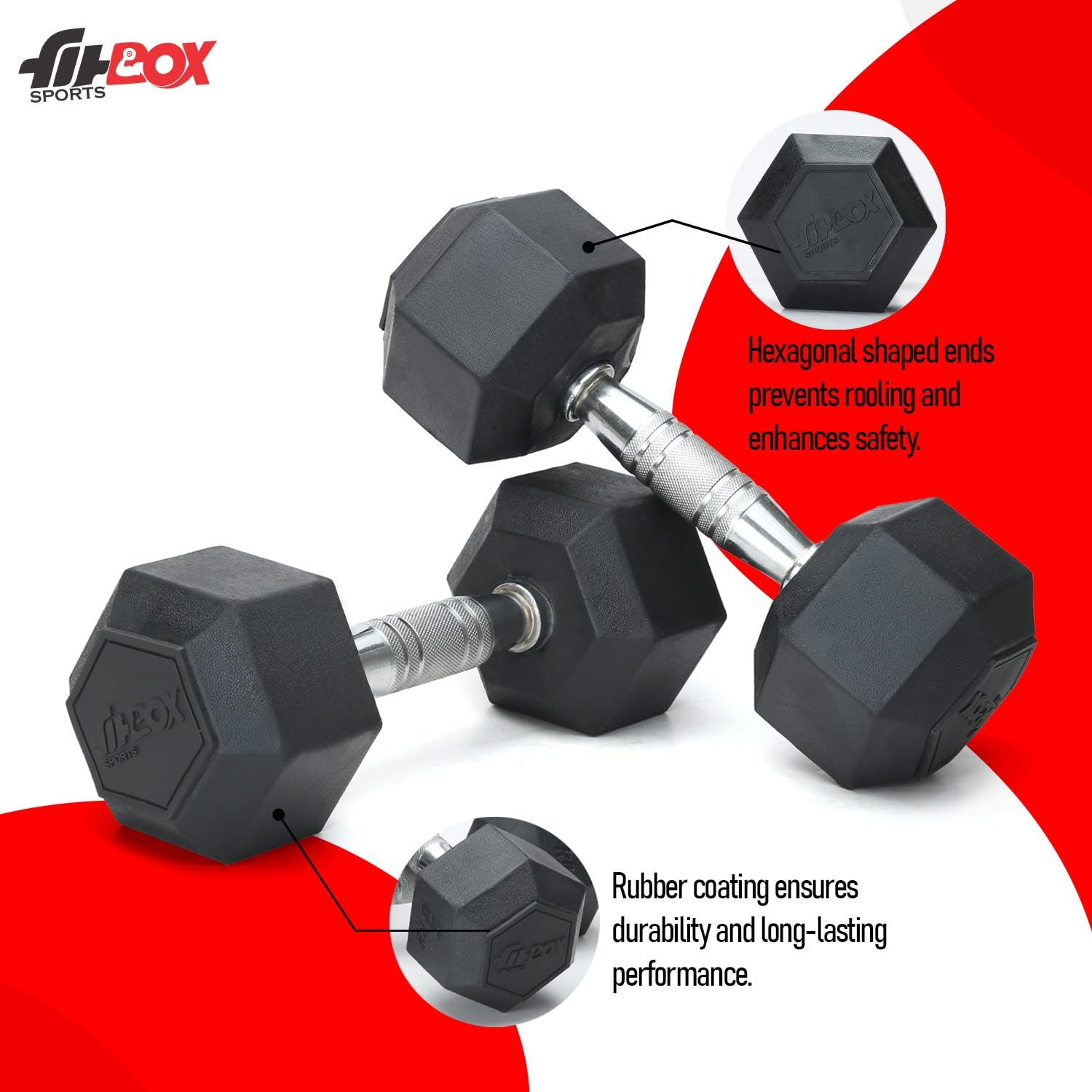 FitBox Sports Pro 15kg (7.5kg x 2) Hex Rubber Coated Dumbbells for Home Gym & Strength Training - Unisex - Image 4