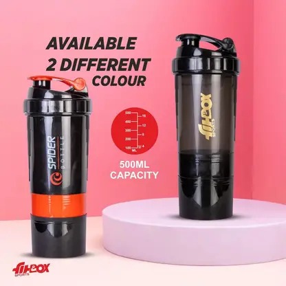 Shaker Bottle with 2 Removable Compartment for Protein, Pre - Post Workout, 500 ml Plastic Sipper (Pack of 1, Black) - Image 5