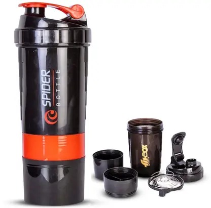Shaker Bottle with 2 Removable Compartment for Protein, Pre - Post Workout, 500 ml Plastic Sipper (Pack of 1, Black)