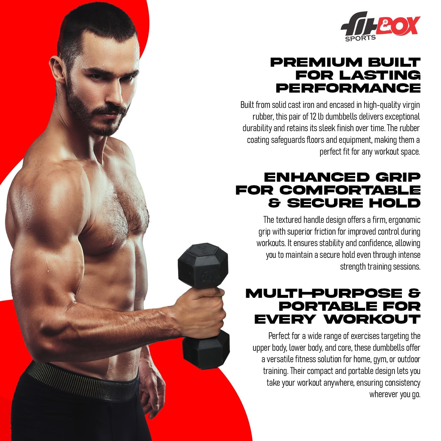 FitBox Sports Pro 20kg (10kg x 2) Hex Rubber Coated Dumbbells for Home Gym & Strength Training - Unisex - Image 6