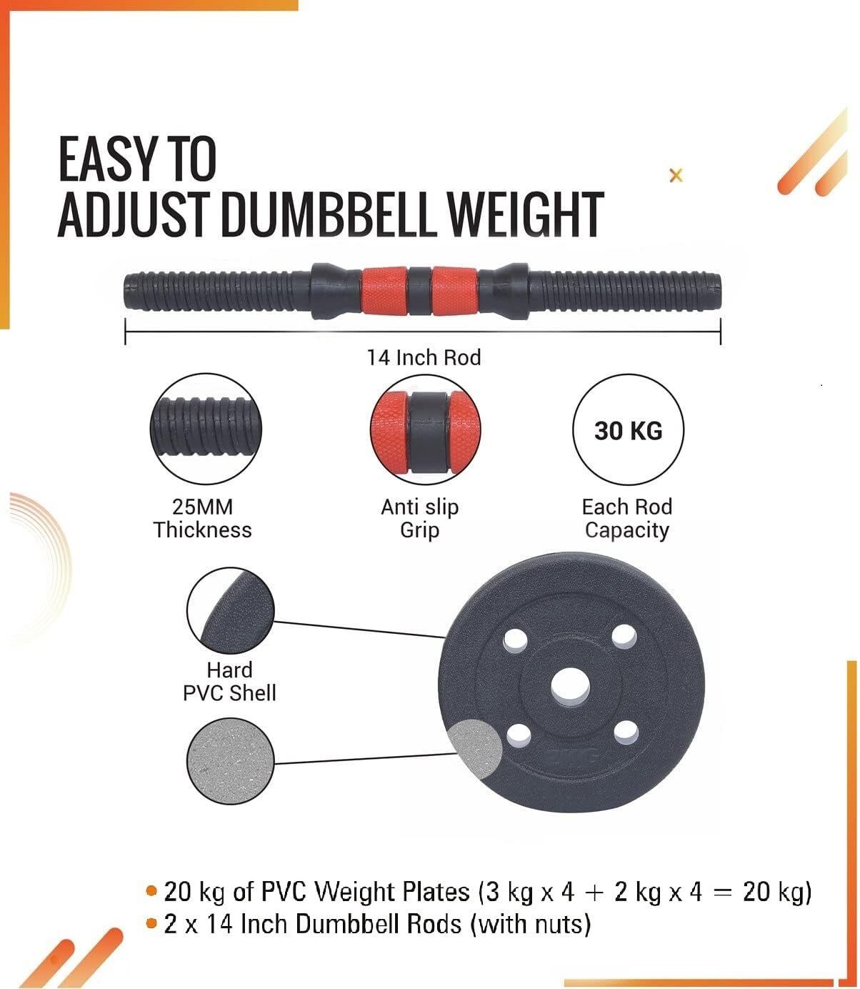 Sports Intruder 20 Kg Adjustable PVC Dumbbells Weights With Dumbbells Rods Adjustable Dumbbell (20 kg) - Image 3